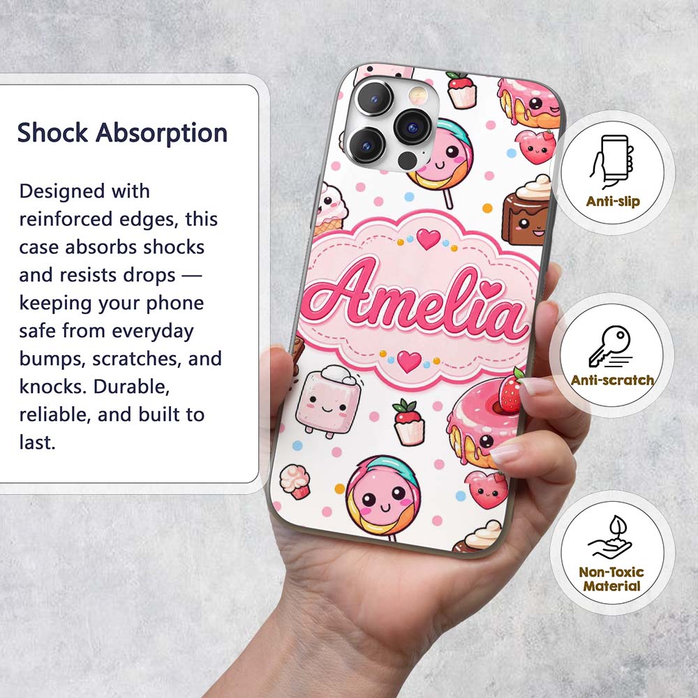 Kawaii Desserts Cupcakes Donuts and Sweets on Custom Name Protective Phone Case Mobile Cover Durable Everyday Smartphone Shock Resistant