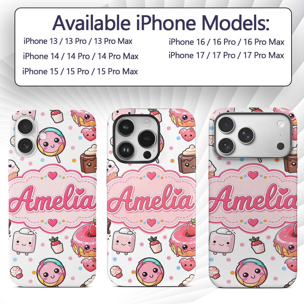Kawaii Desserts Cupcakes Donuts and Sweets on Custom Name Protective Phone Case Mobile Cover Durable Everyday Smartphone Shock Resistant