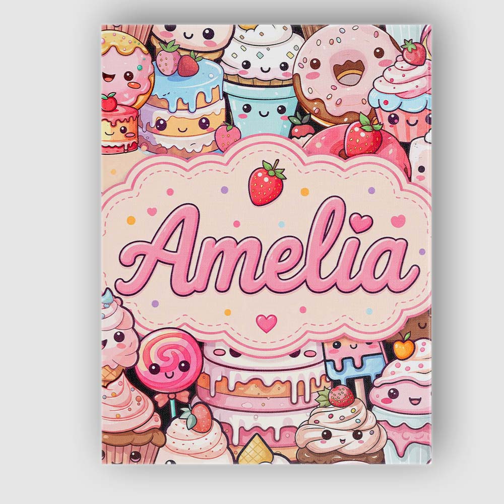 Personalised Name Kawaii Sweet Treats Cakes Custom Bespoke Interior Contemporary Canvas Wall Art Print Decor Picture Ready to Hang