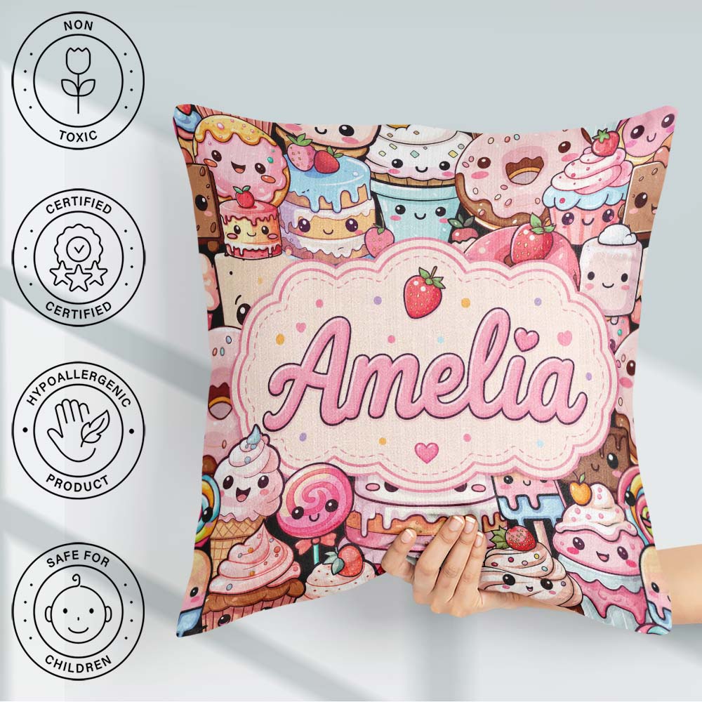 Custom Name Kawaii Sweet Treats Cakes Candy and Cupcakes Collage Square Filled Cushion Throw Pillow Sofa Bed Home Decor Zip Washable UK Made