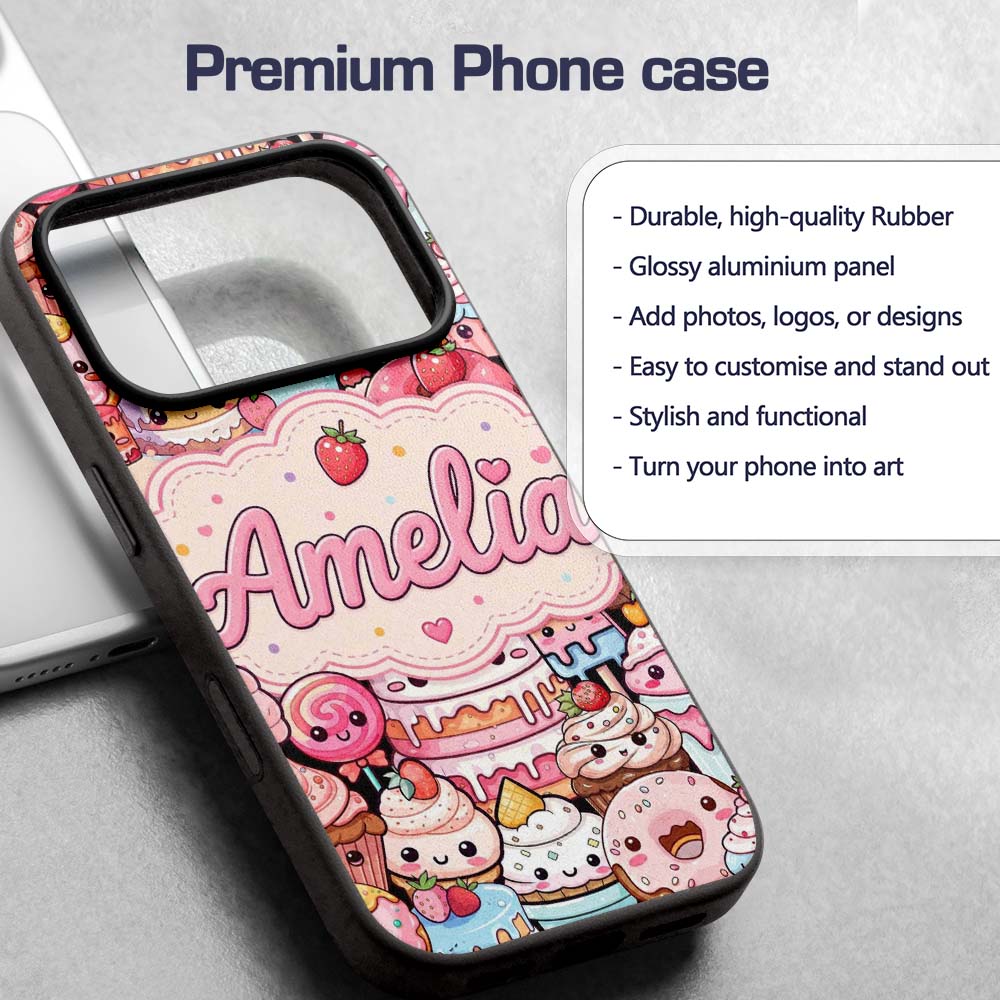 Kawaii Sweet Treats Cakes Donuts Printed Design Custom Name Protective Phone Case Mobile Cover Durable Everyday Smartphone Shock Resistant