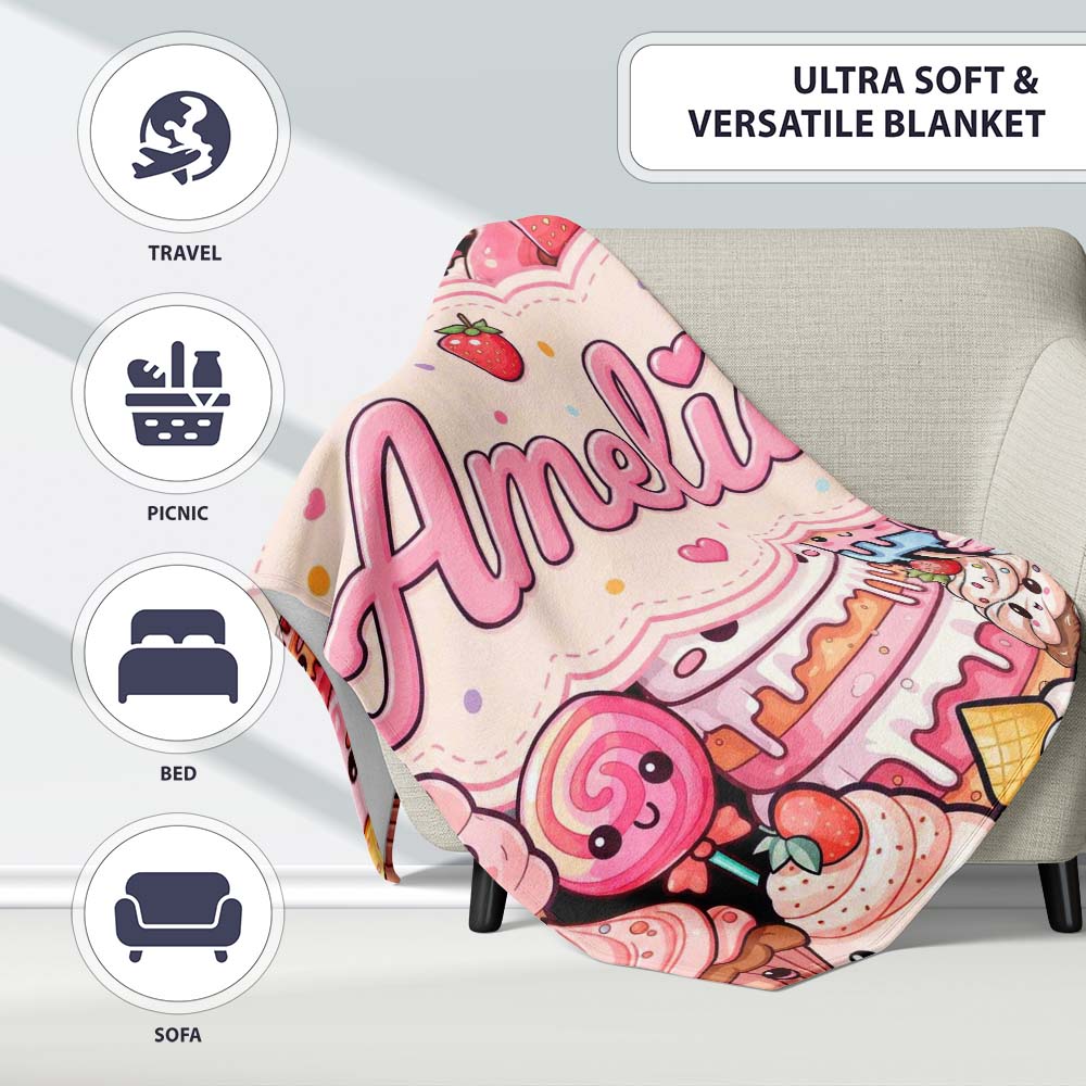 Kawaii Sweet Treats Cakes Donuts Candy and Cupcakes Collage Personalised Custom Name Super Soft Fleece Blanket Bed Sofa Throw