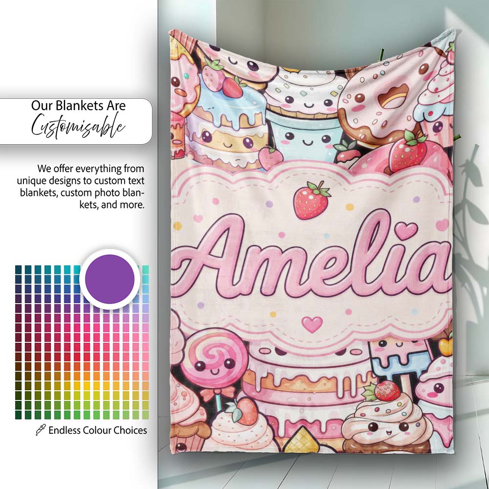 Kawaii Sweet Treats Cakes Donuts Candy and Cupcakes Collage Personalised Custom Name Super Soft Fleece Blanket Bed Sofa Throw