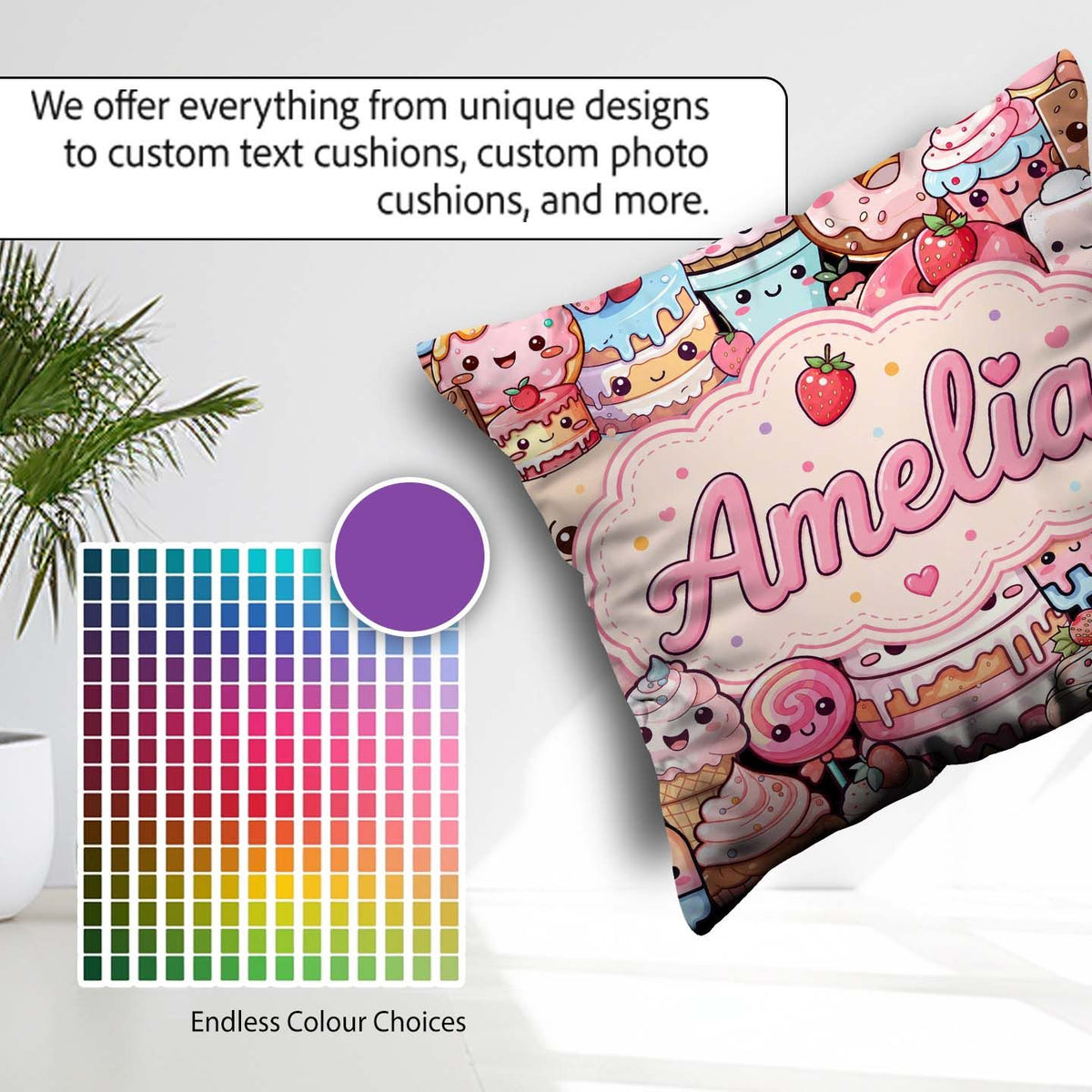 Custom Name Kawaii Sweet Treats Cakes Candy and Cupcakes Collage Square Filled Cushion Throw Pillow Sofa Bed Home Decor Zip Washable UK Made