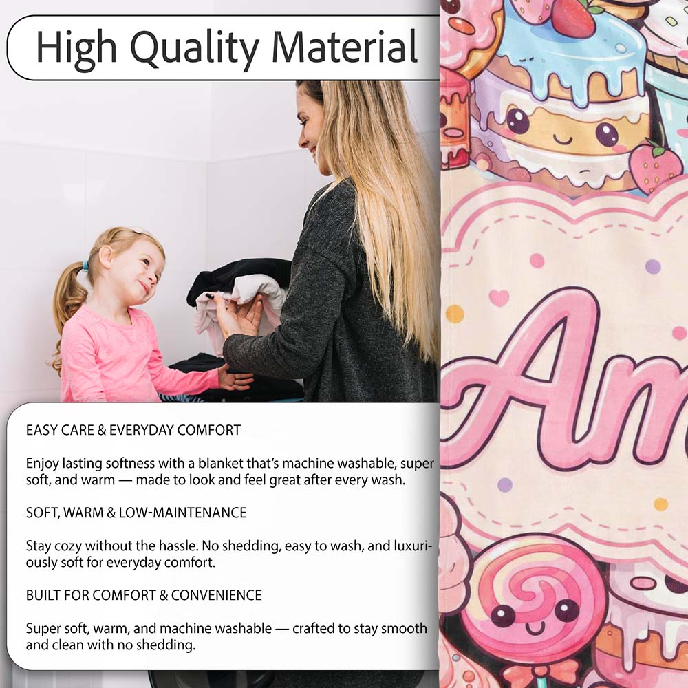 Kawaii Sweet Treats Cakes Donuts Candy and Cupcakes Collage Personalised Custom Name Super Soft Fleece Blanket Bed Sofa Throw