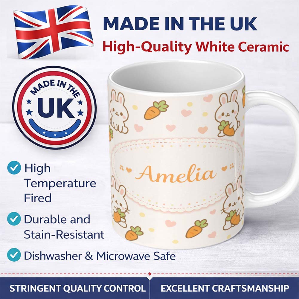 Personalized Custom Name Cute Bunny Carrot Cartoon Animal Pattern Beautiful Coffee Cup Lovely 11oz Ceramic Coffee Tea Mug White Large Handle