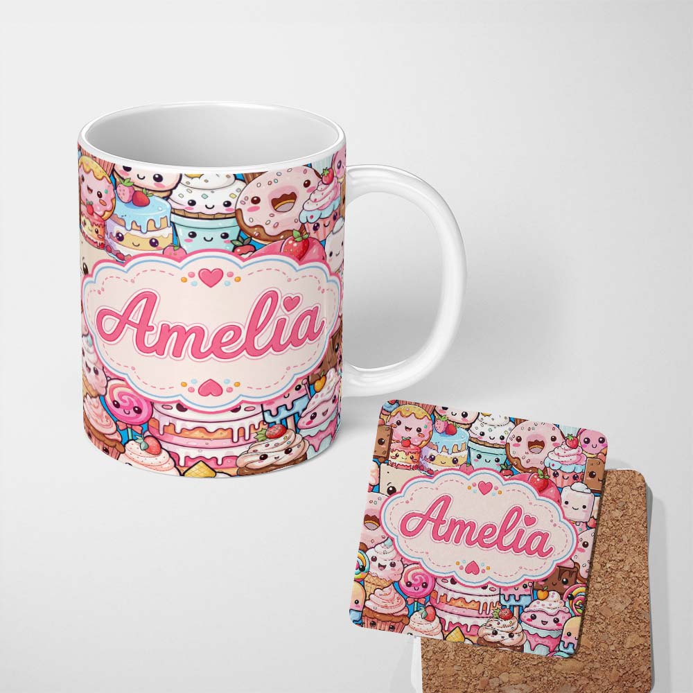 Personalized Custom Name Desserts Cakes Cupcakes Donuts and Sweets Blue Background Seamless 11oz Ceramic Coffee Tea Mug White Large Handle
