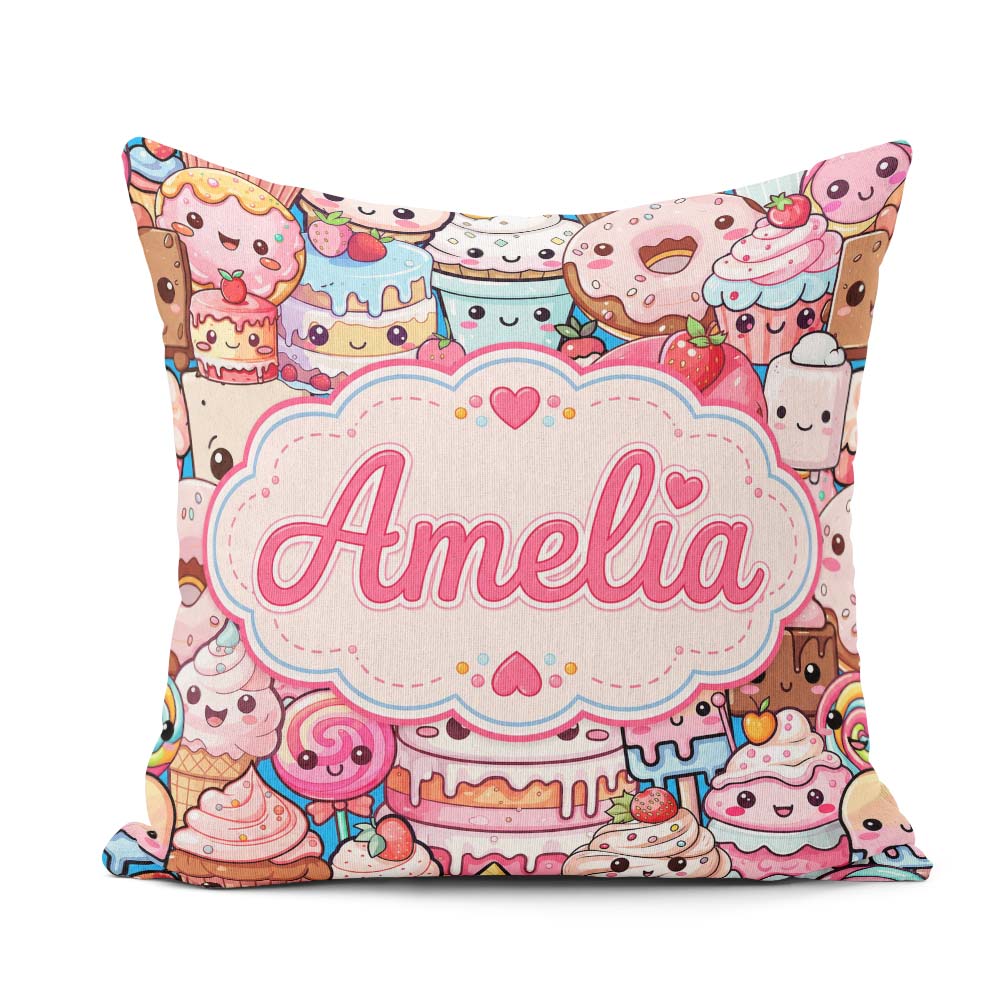 Custom Name Desserts Cakes Cupcakes Donuts and Sweets Background Square Filled Cushion Throw Pillow Sofa Bed Home Decor Zip Washable UK Made