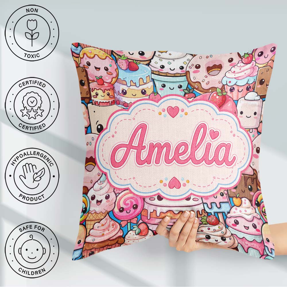 Custom Name Desserts Cakes Cupcakes Donuts and Sweets Background Square Filled Cushion Throw Pillow Sofa Bed Home Decor Zip Washable UK Made