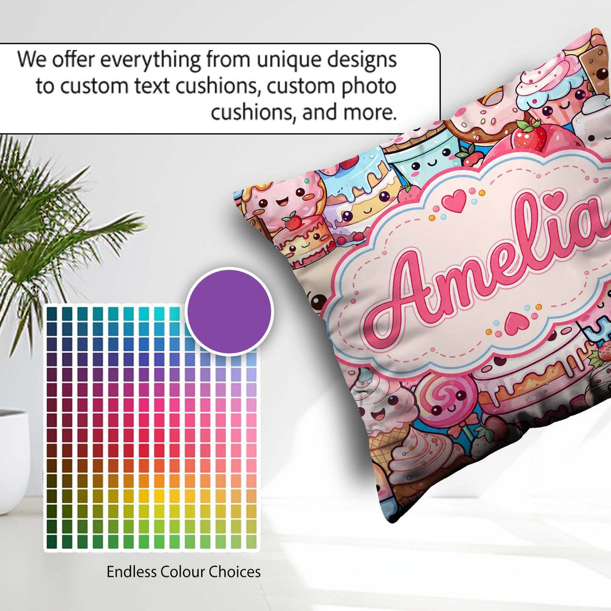 Custom Name Desserts Cakes Cupcakes Donuts and Sweets Background Square Filled Cushion Throw Pillow Sofa Bed Home Decor Zip Washable UK Made