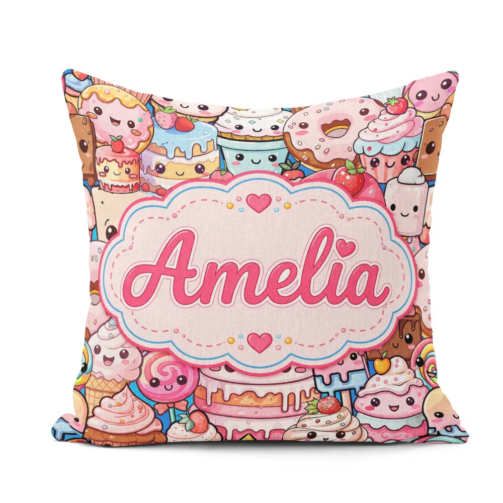 Custom Name Desserts Cakes Cupcakes Donuts and Sweets Background Square Filled Cushion Throw Pillow Sofa Bed Home Decor Zip Washable UK Made