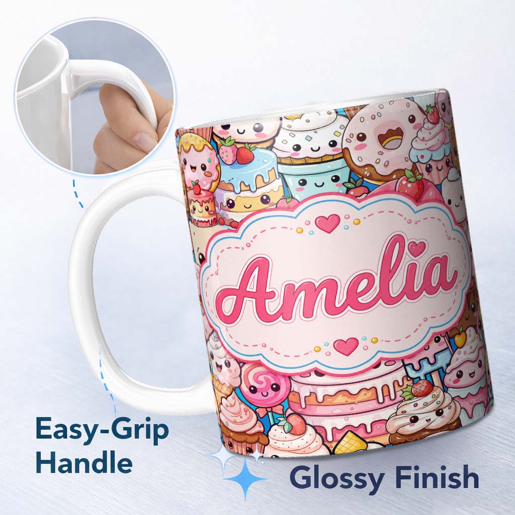 Personalized Custom Name Desserts Cakes Cupcakes Donuts and Sweets Teal Background Seamless 11oz Ceramic Coffee Tea Mug White Large Handle