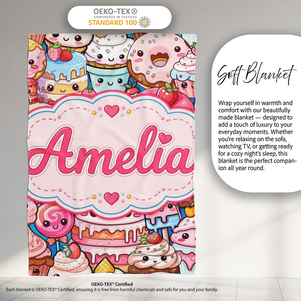 Desserts Cakes Cupcakes Donuts and Sweets Teal Background Seamless Personalised Custom Name Super Soft Fleece Blanket Bed Sofa Throw