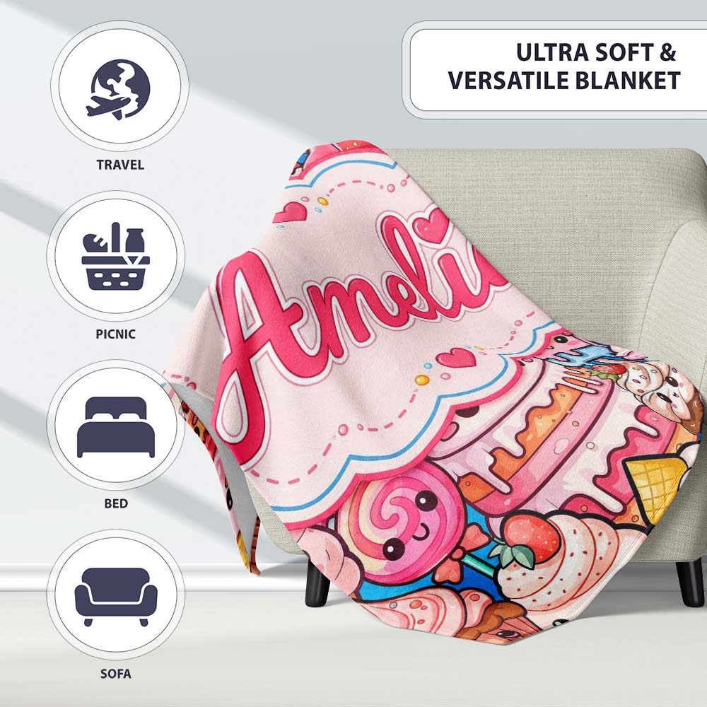 Desserts Cakes Cupcakes Donuts and Sweets Teal Background Seamless Personalised Custom Name Super Soft Fleece Blanket Bed Sofa Throw