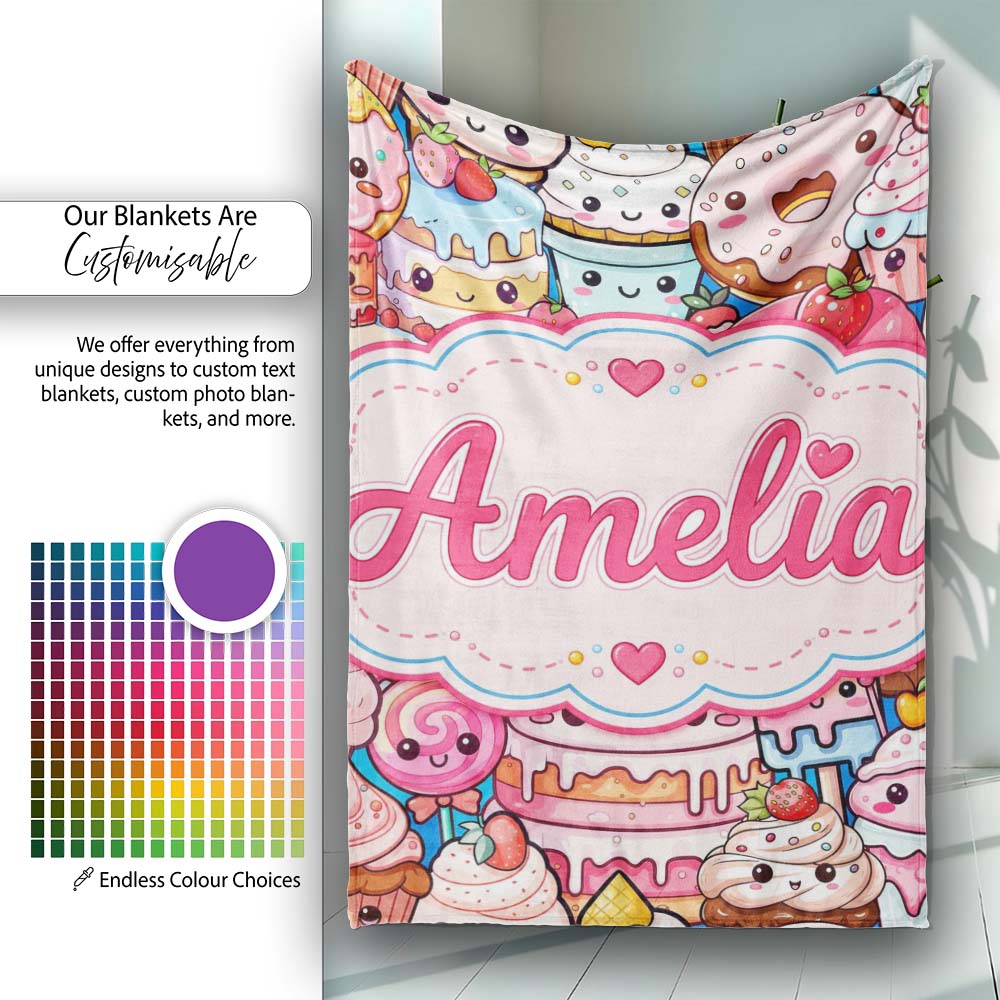 Desserts Cakes Cupcakes Donuts and Sweets Teal Background Seamless Personalised Custom Name Super Soft Fleece Blanket Bed Sofa Throw