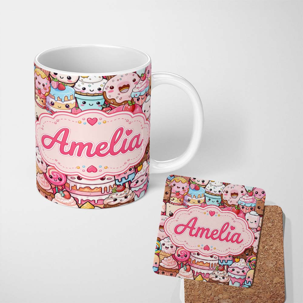 Personalized Custom Name Desserts Cakes Cupcakes Donuts and Sweets Pink Background Seamless 11oz Ceramic Coffee Tea Mug White Large Handle
