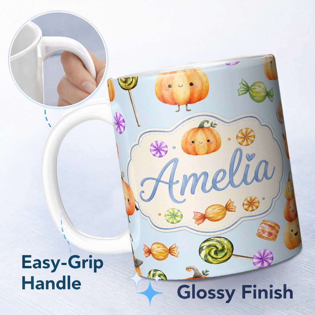 Personalized Custom Name Cute Watercolor Pumpkins and Candy Sweets on Soft Blue Background 11oz Ceramic Coffee Tea Mug White Large Handle