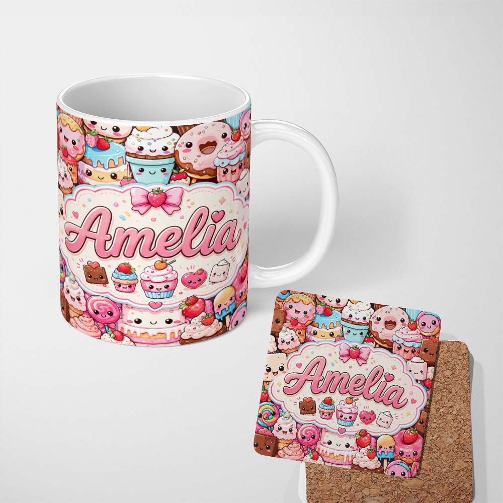 Personalized Custom Name Desserts Cakes Cupcake Donuts and Sweets Light Pink Background 11oz Ceramic Coffee Tea Mug White Large Handle