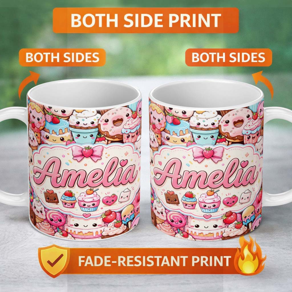 Personalized Custom Name Desserts Cakes Cupcake Donuts and Sweets Light Pink Background 11oz Ceramic Coffee Tea Mug White Large Handle