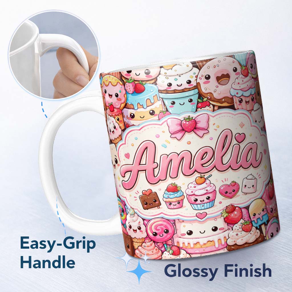 Personalized Custom Name Desserts Cakes Cupcake Donuts and Sweets Light Pink Background 11oz Ceramic Coffee Tea Mug White Large Handle