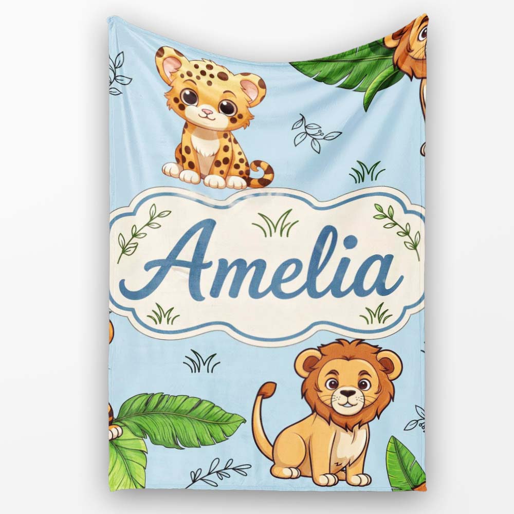Cute Jungle Animals Leaves Seamless Pattern Perfect Gift for Her Personalised Custom Name Super Soft Fleece Blanket Bed Sofa Throw