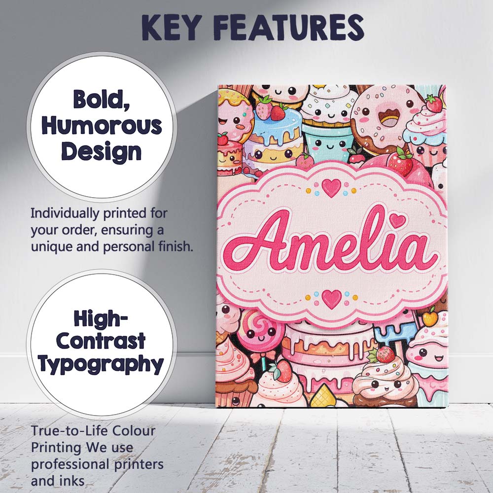 Personalised Name Desserts Cakes Cupcakes Custom Unique Gift Idea Elegant Feature Canvas Wall Art Print Decor Picture Ready to Hang