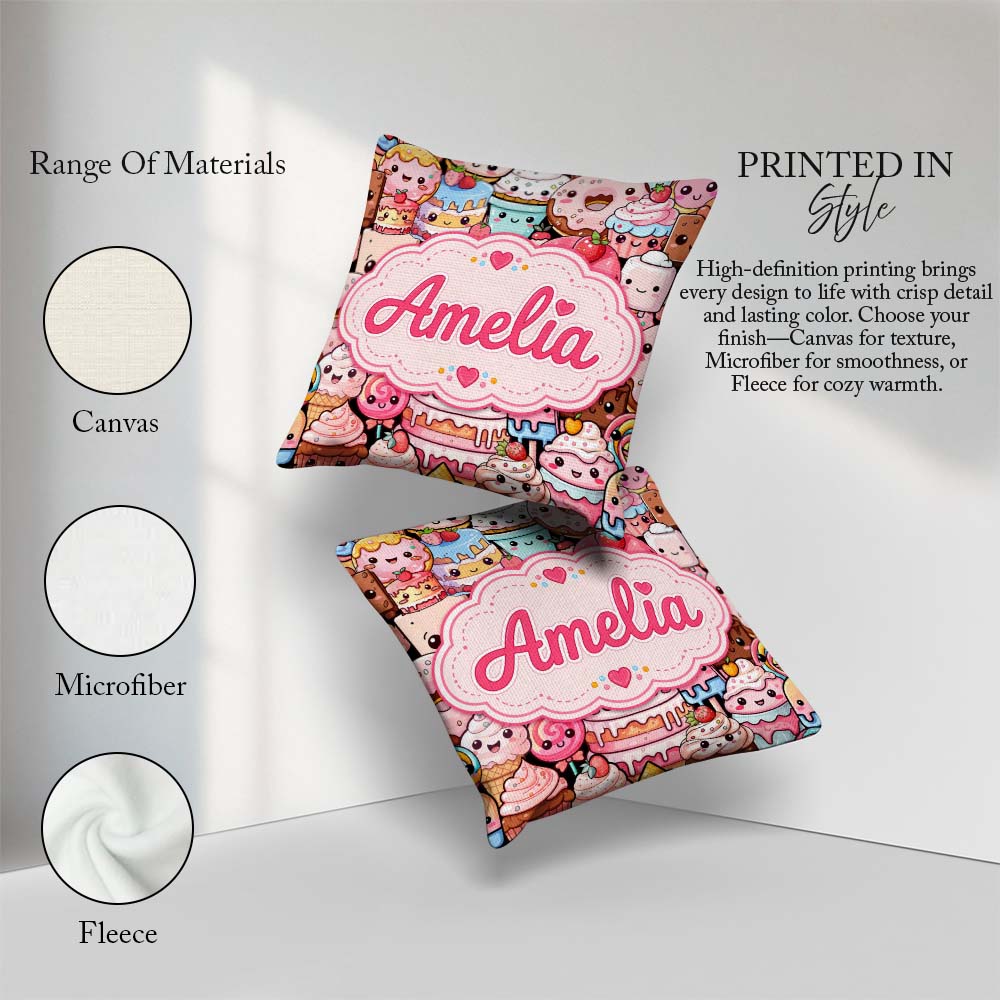 Custom Name Desserts Cakes Cupcakes Donuts and Sweets Background Square Filled Cushion Throw Pillow Sofa Bed Home Decor Zip Washable UK Made