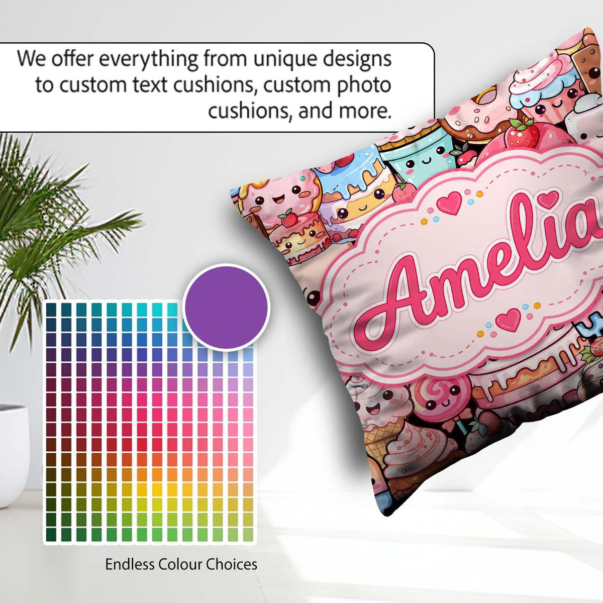 Custom Name Desserts Cakes Cupcakes Donuts and Sweets Background Square Filled Cushion Throw Pillow Sofa Bed Home Decor Zip Washable UK Made