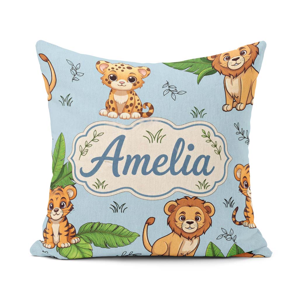 Custom Name Cute Jungle Animals Leaves Seamless Pattern for Her Square Filled Cushion Throw Pillow Sofa Bed Home Decor Zip Washable UK Made