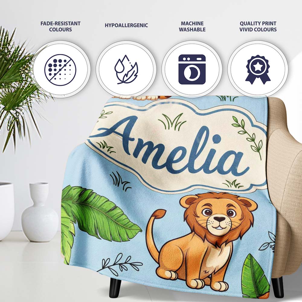 Cute Jungle Animals Leaves Seamless Pattern Perfect Gift for Her Personalised Custom Name Super Soft Fleece Blanket Bed Sofa Throw