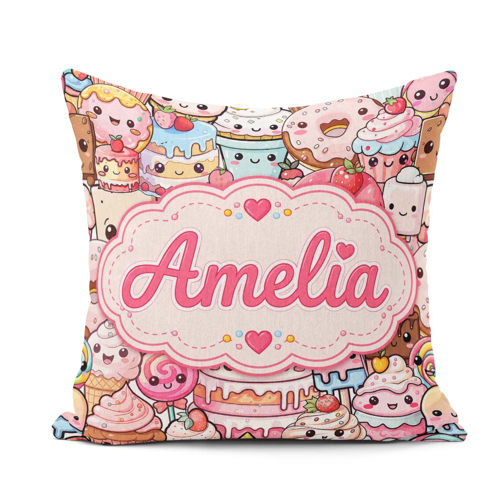 Custom Name Desserts Cakes Cupcakes Donuts and Sweets Background Square Filled Cushion Throw Pillow Sofa Bed Home Decor Zip Washable UK Made