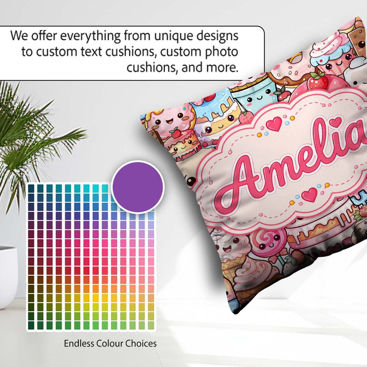 Custom Name Desserts Cakes Cupcakes Donuts and Sweets Background Square Filled Cushion Throw Pillow Sofa Bed Home Decor Zip Washable UK Made
