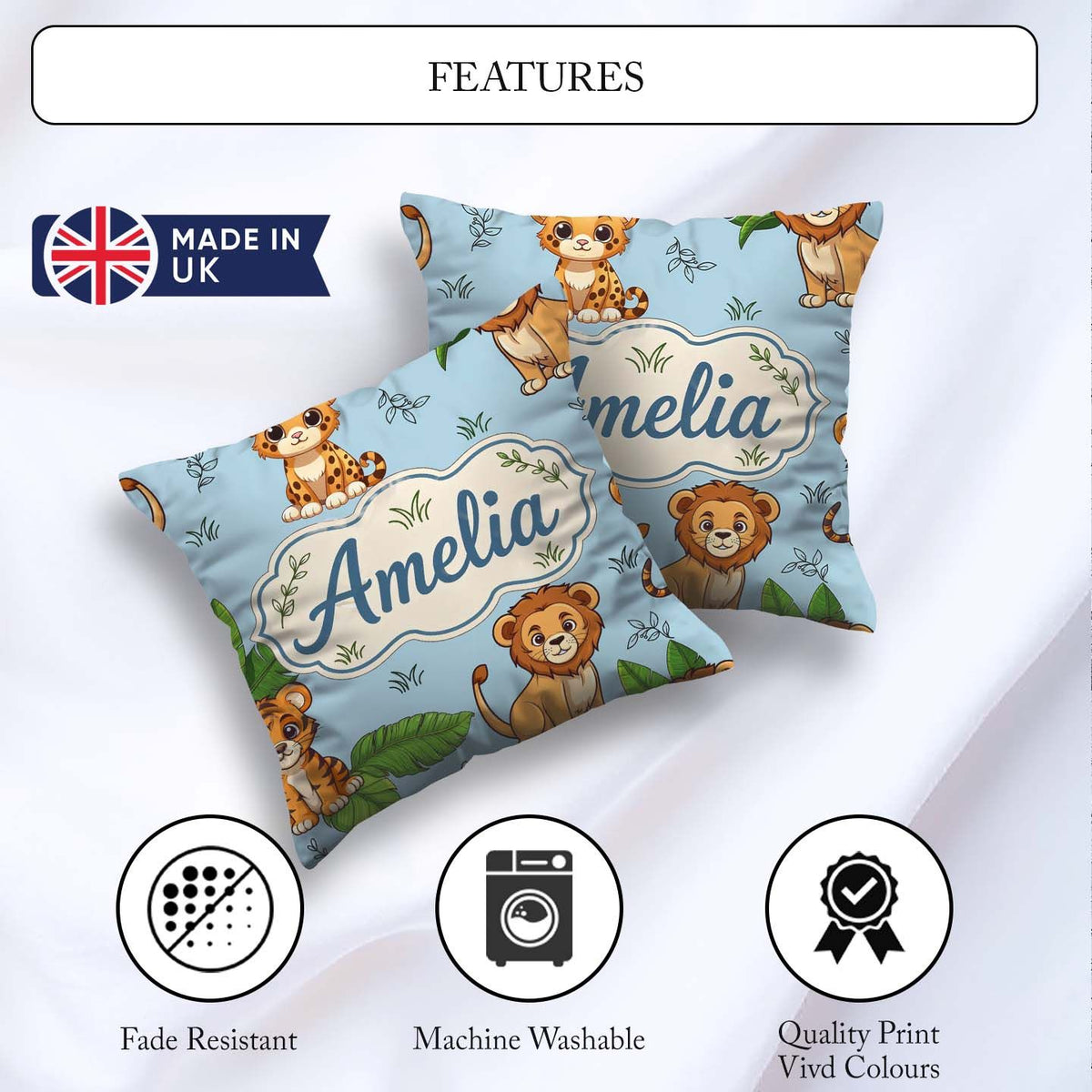 Custom Name Cute Jungle Animals Leaves Seamless Pattern for Her Square Filled Cushion Throw Pillow Sofa Bed Home Decor Zip Washable UK Made