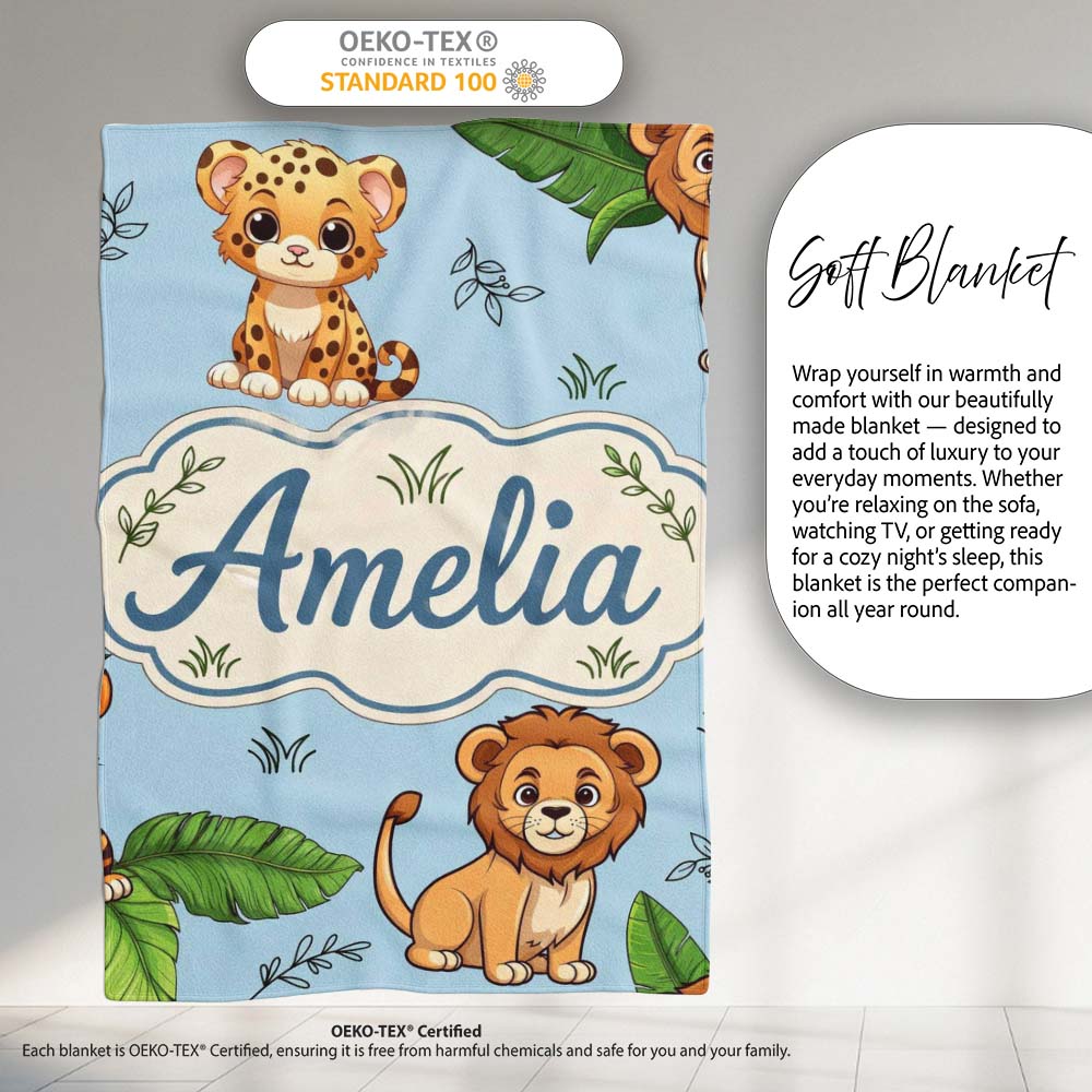 Cute Jungle Animals Leaves Seamless Pattern Perfect Gift for Her Personalised Custom Name Super Soft Fleece Blanket Bed Sofa Throw