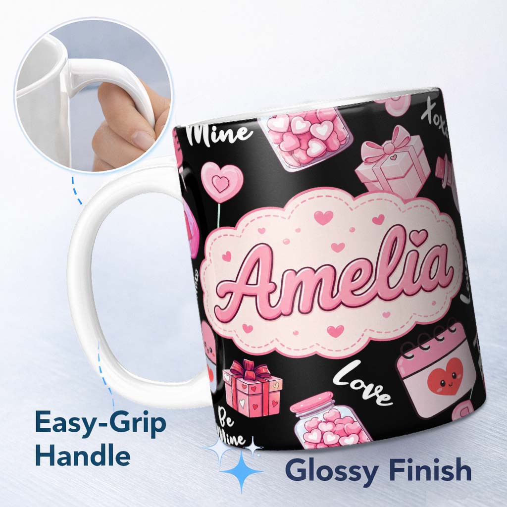 Personalized Custom Name Valentines Love Hearts Gifts Syringe Candy Black Background 11oz Ceramic Coffee Tea Mug White Large Handle