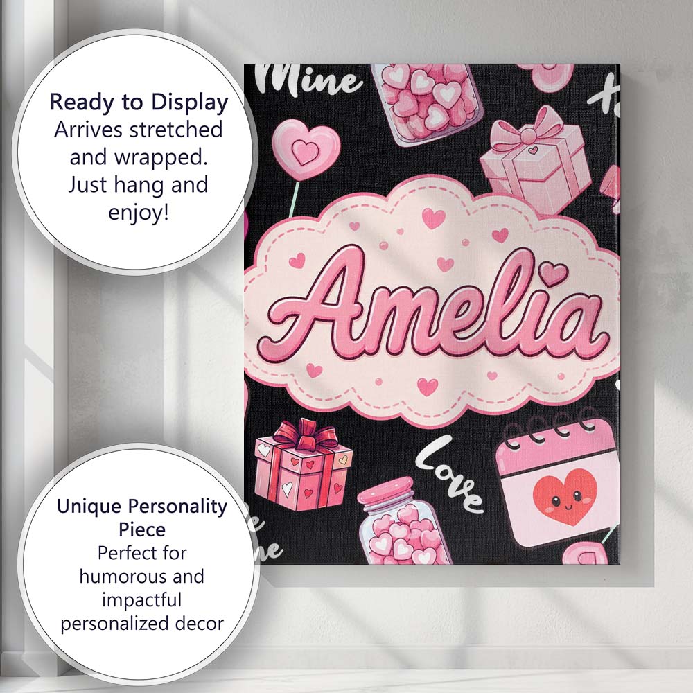 Personalised Name Valentines Love Hearts Custom Unique Gift Idea Elegant Feature Canvas Wall Art Print Decor Picture Ready to Hang