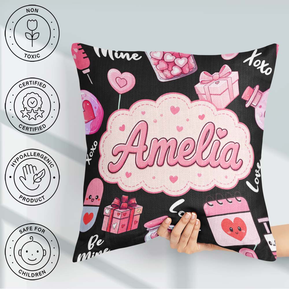 Custom Name Valentines Love Gifts Syringe Candy Black Background Square Filled Cushion Throw Pillow Sofa Bed Home Decor Zip Washable UK Made