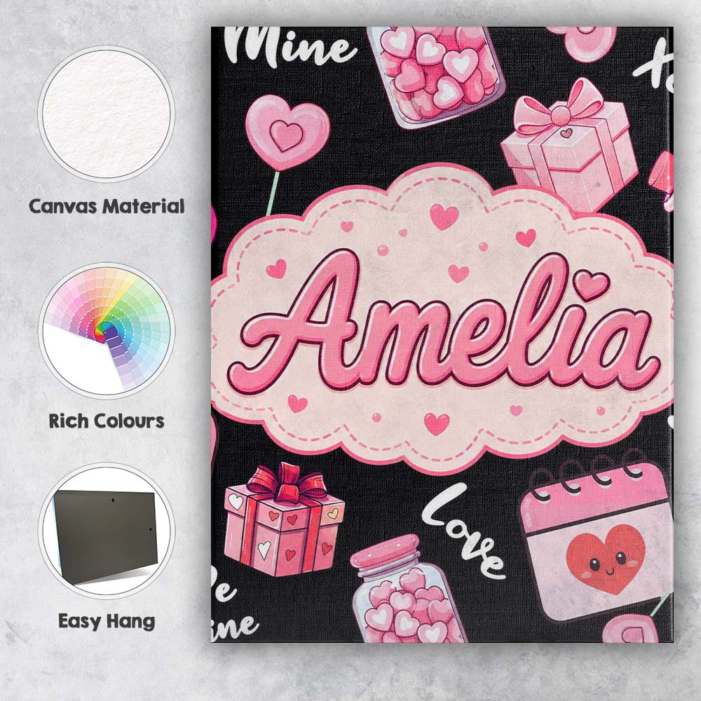 Personalised Name Valentines Love Hearts Custom Unique Gift Idea Elegant Feature Canvas Wall Art Print Decor Picture Ready to Hang