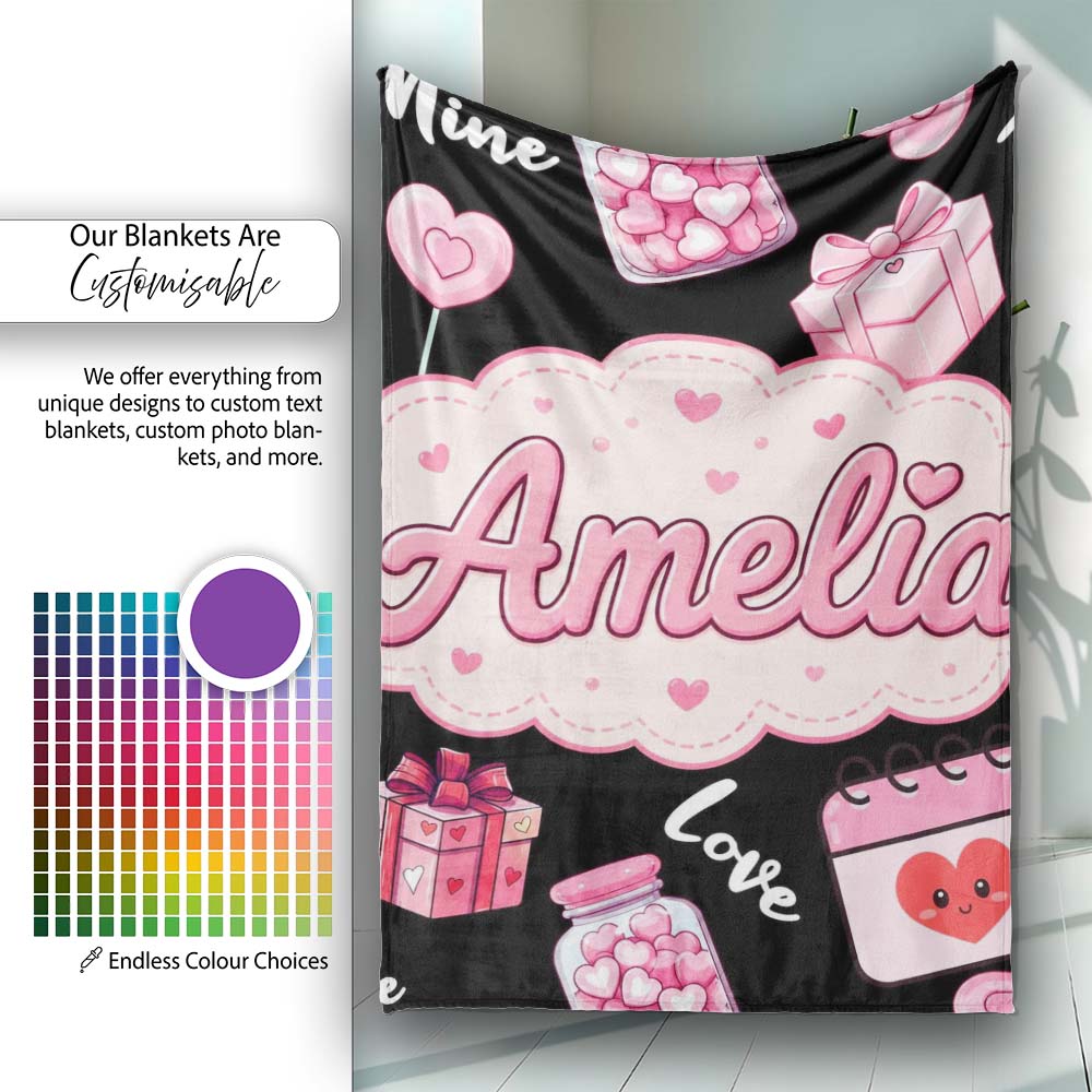 Valentines Love Hearts Gifts Syringe Candy Black Background Personalised Custom Name Super Soft Fleece Blanket Bed Sofa Throw