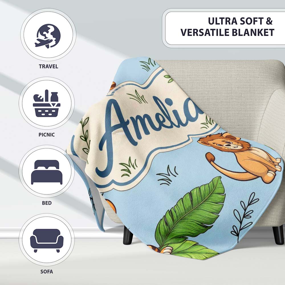 Cute Jungle Animals Leaves Seamless Pattern Perfect Gift for Her Personalised Custom Name Super Soft Fleece Blanket Bed Sofa Throw