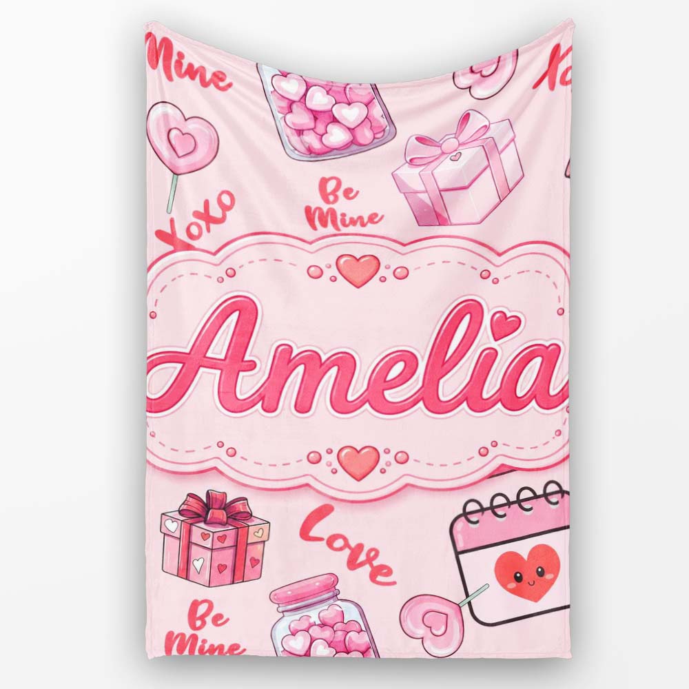 Valentines Love Hearts Gifts Syringe Candy Pink Background Seamless Personalised Custom Name Super Soft Fleece Blanket Bed Sofa Throw