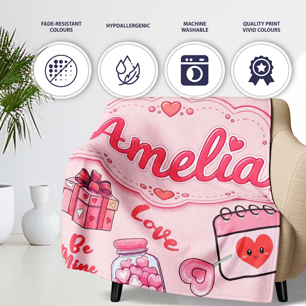 Valentines Love Hearts Gifts Syringe Candy Pink Background Seamless Personalised Custom Name Super Soft Fleece Blanket Bed Sofa Throw