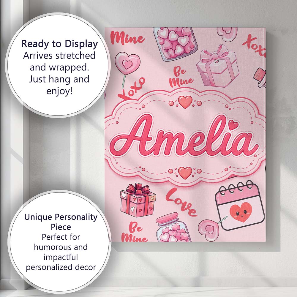 Personalised Name Valentines Love Hearts Custom Unique Gift Idea Elegant Feature Canvas Wall Art Print Decor Picture Ready to Hang
