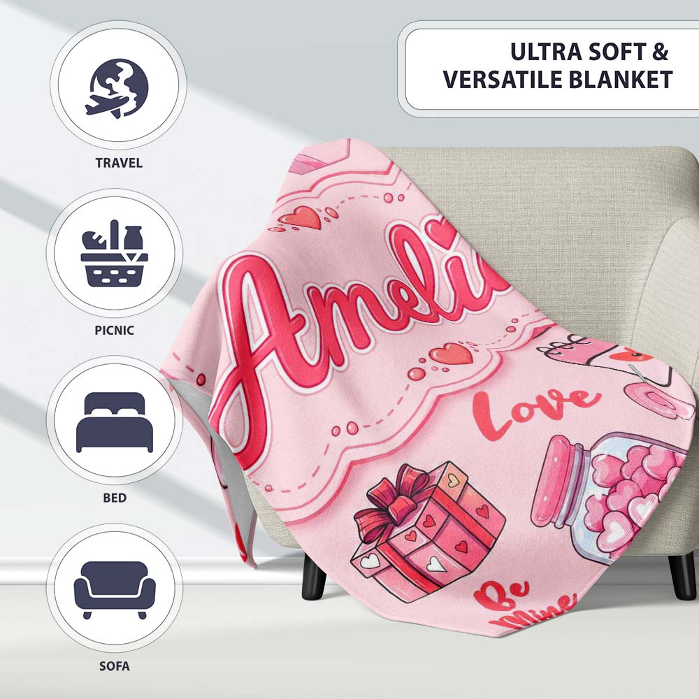 Valentines Love Hearts Gifts Syringe Candy Pink Background Seamless Personalised Custom Name Super Soft Fleece Blanket Bed Sofa Throw