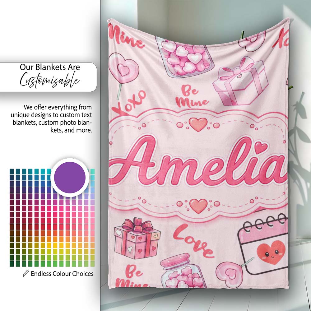 Valentines Love Hearts Gifts Syringe Candy Pink Background Seamless Personalised Custom Name Super Soft Fleece Blanket Bed Sofa Throw