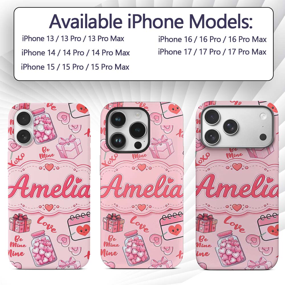 Valentines Love Hearts Gifts Syringe Candy Pink Custom Name Protective Phone Case Mobile Cover Durable Everyday Smartphone Shock Resistant