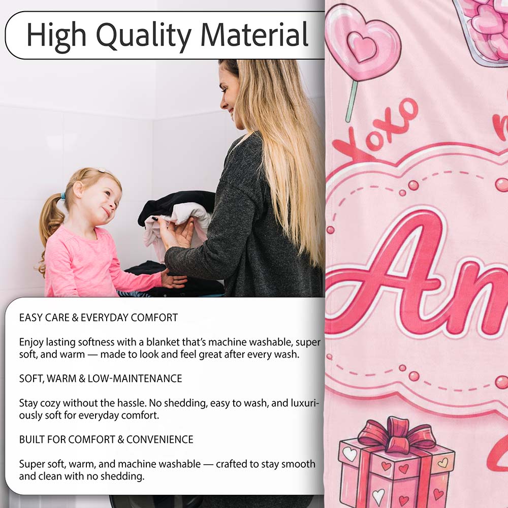 Valentines Love Hearts Gifts Syringe Candy Pink Background Seamless Personalised Custom Name Super Soft Fleece Blanket Bed Sofa Throw