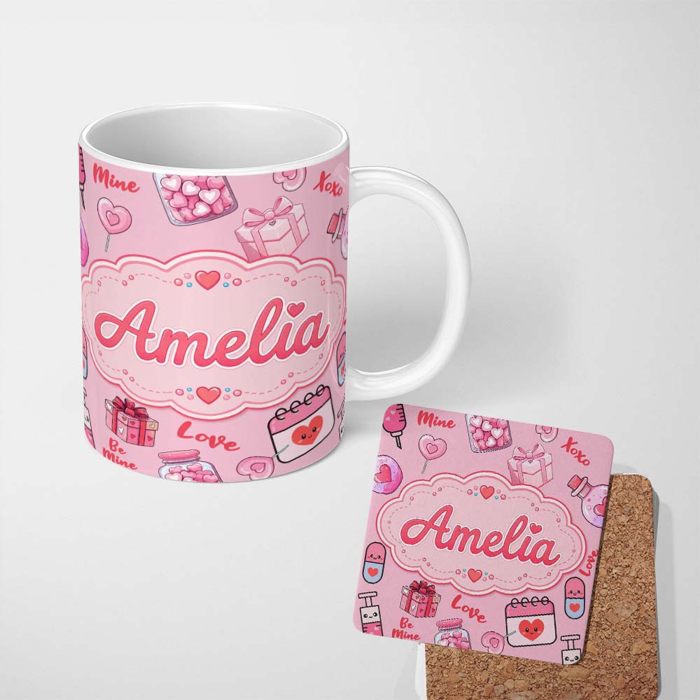 Personalized Custom Name Valentines Love Hearts Gifts Candy Syringe Pink Background Seamless 11oz Ceramic Coffee Tea Mug White Large Handle