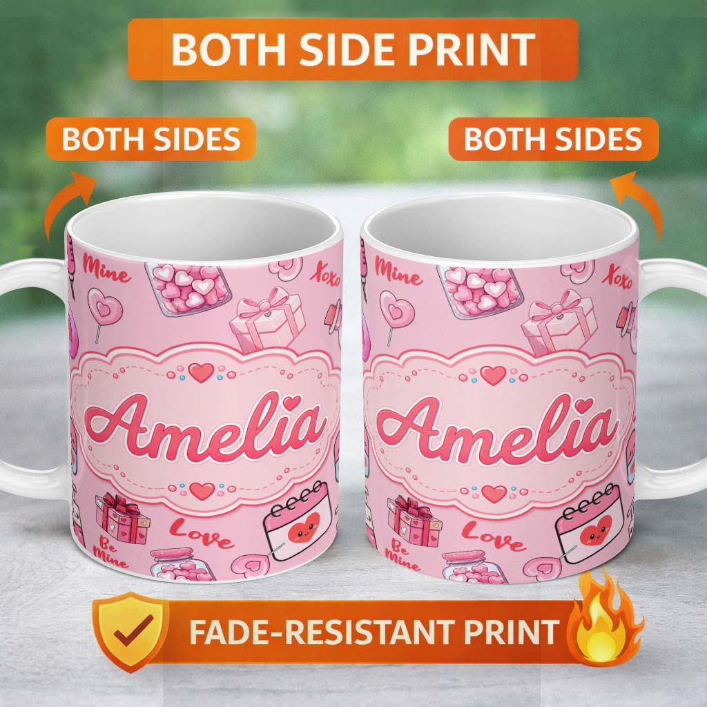 Personalized Custom Name Valentines Love Hearts Gifts Candy Syringe Pink Background Seamless 11oz Ceramic Coffee Tea Mug White Large Handle
