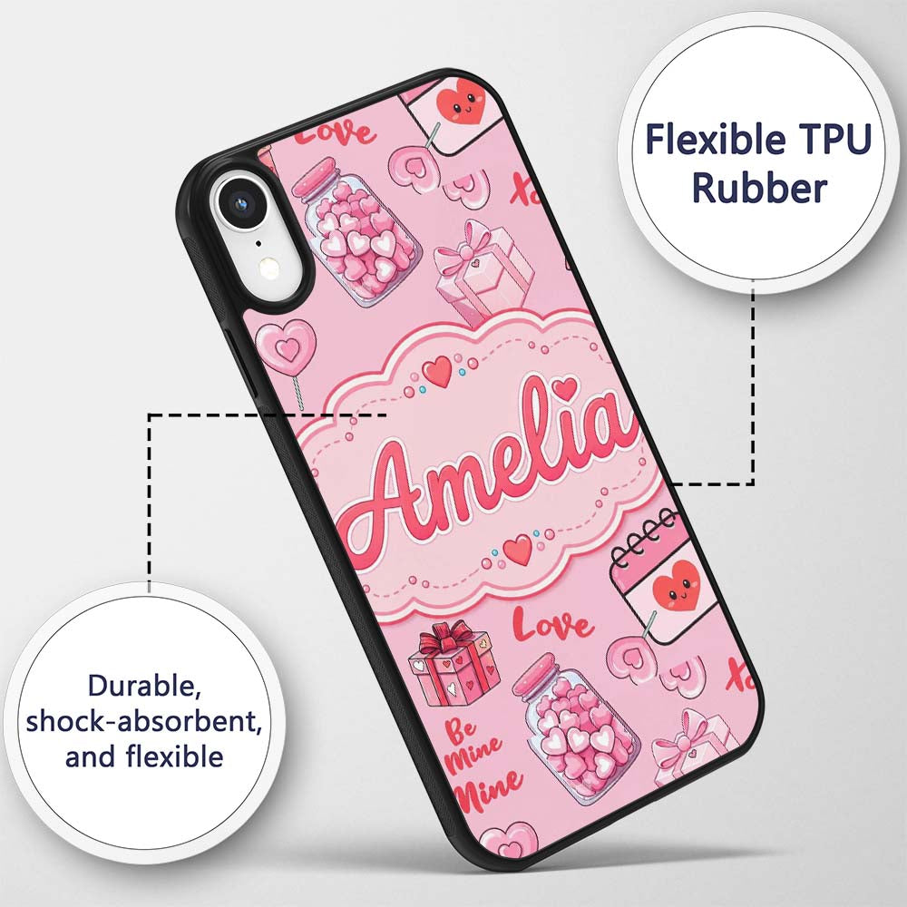 Valentines Love Hearts Gifts Candy Syringe Pink Custom Name Protective Phone Case Mobile Cover Durable Everyday Smartphone Shock Resistant